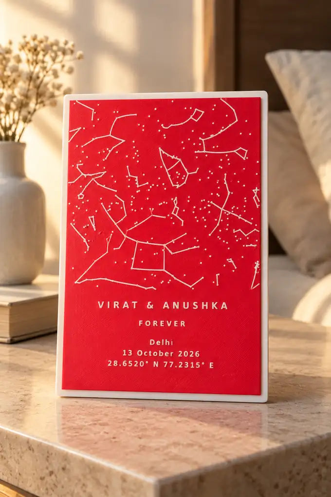 Red and white custom star map desk plate on a bedside table